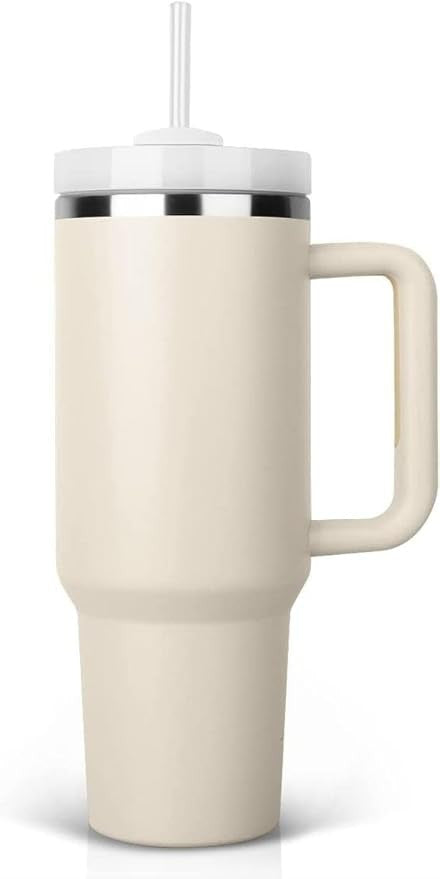HEAVY Vacuum Insulated Tumbler with Handle & Straw | Double-Wall Stainless Steel Travel Mug | Leak-Resistant | Cream