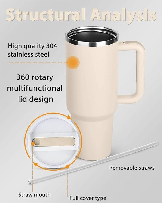 HEAVY Vacuum Insulated Tumbler with Handle & Straw | Double-Wall Stainless Steel Travel Mug | Leak-Resistant | Cream