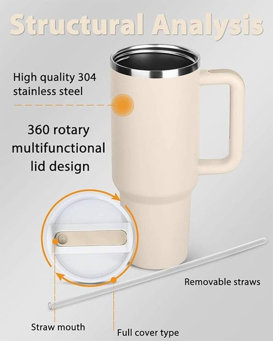 HEAVY Vacuum Insulated Tumbler with Handle & Straw | Double-Wall Stainless Steel Travel Mug | Leak-Resistant | Cream