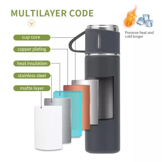 Steel Vacuum Flask Set with 3 Steel Cups Combo