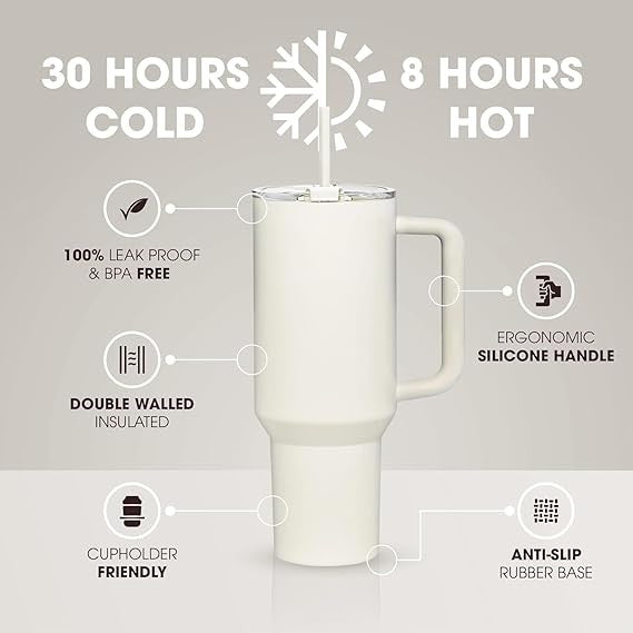 HEAVY Vacuum Insulated Tumbler with Handle & Straw | Double-Wall Stainless Steel Travel Mug | Leak-Resistant | Cream