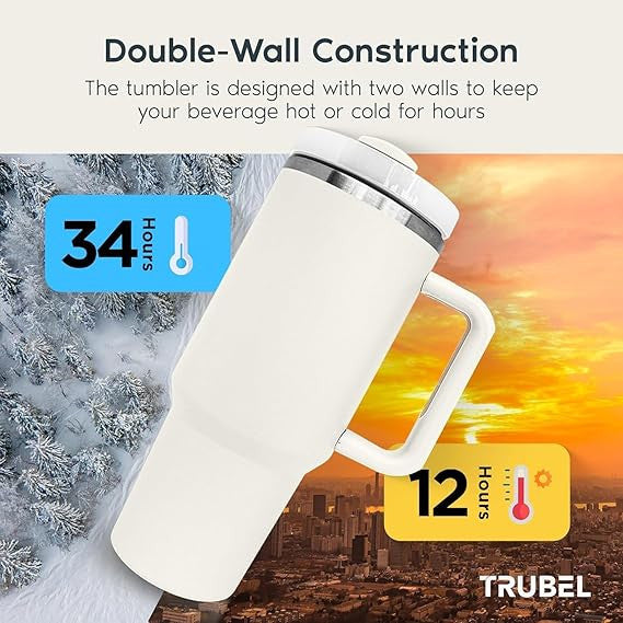 HEAVY Vacuum Insulated Tumbler with Handle & Straw | Double-Wall Stainless Steel Travel Mug | Leak-Resistant | Cream