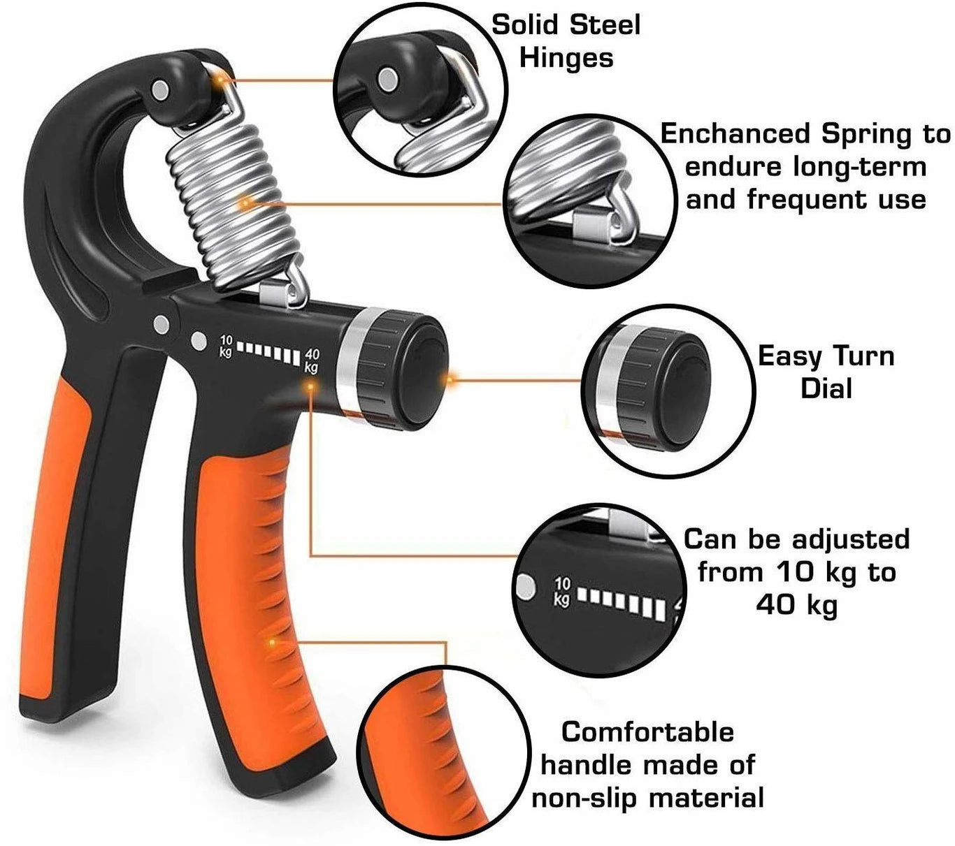 Premium Adjustable Hand Grip Strengthener | 10–40 KG Resistance | Forearm, Wrist & Finger Exerciser | Gym & Home Fitness | Orange & Black