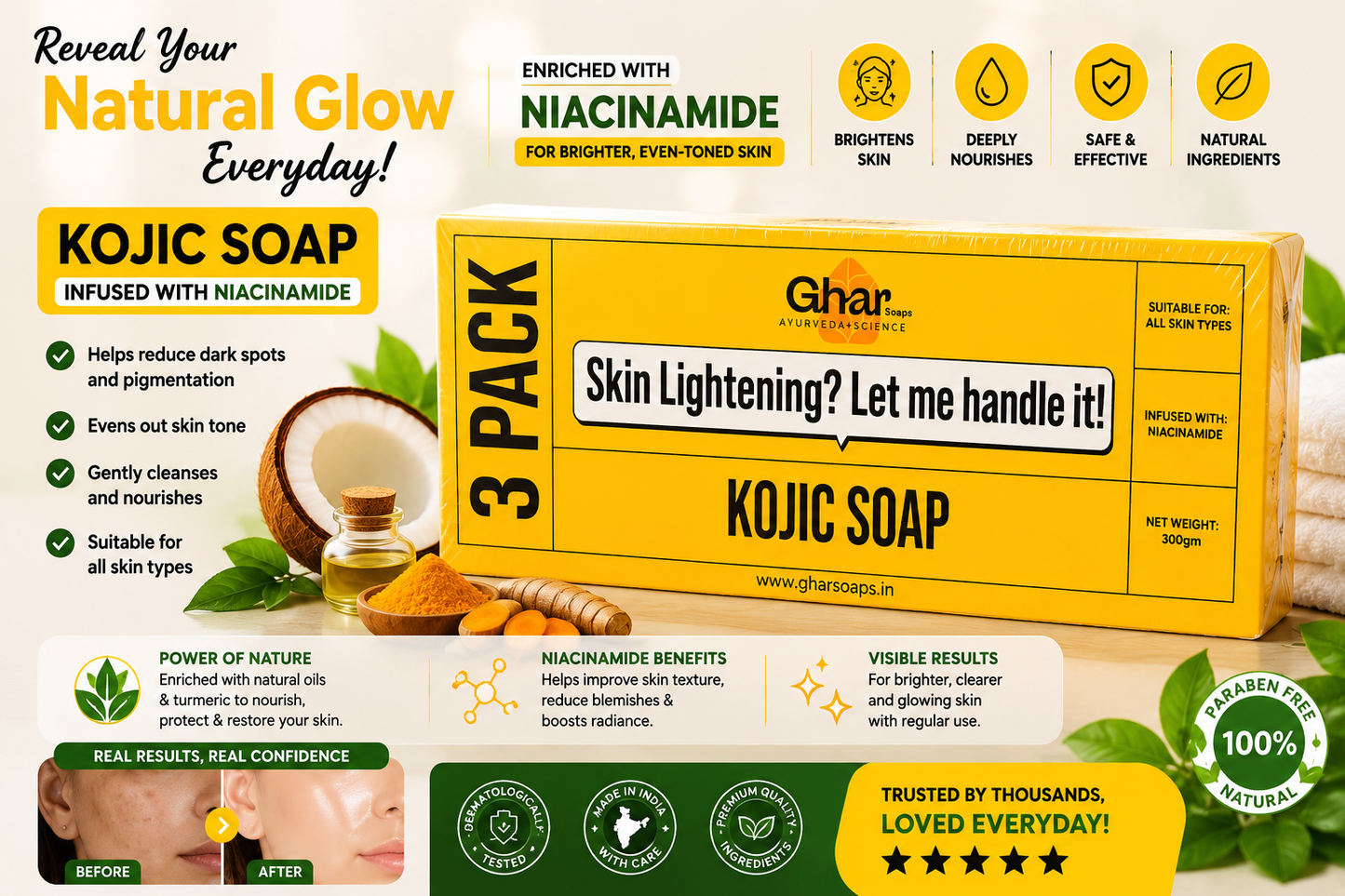 GHAR SOAPS Kojic Acid 2% Soap with Niacinamide | For Pigmentation, Sun damage, Brightening Underarm & Reduces Dark Spot | Soap for Men & Women | Suitable for All Skin Types | (100 g x 6)